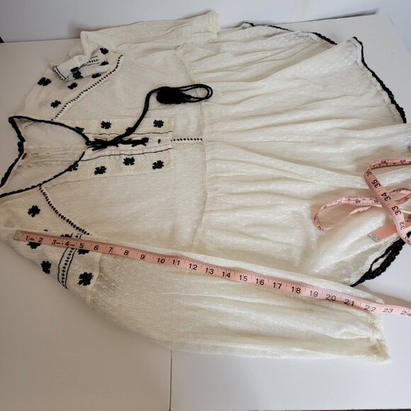 Free People Semi Sheer Peasant Style Tunic w/Embroidery Tie Front Beige/Blk Sz L - Picture 10 of 14